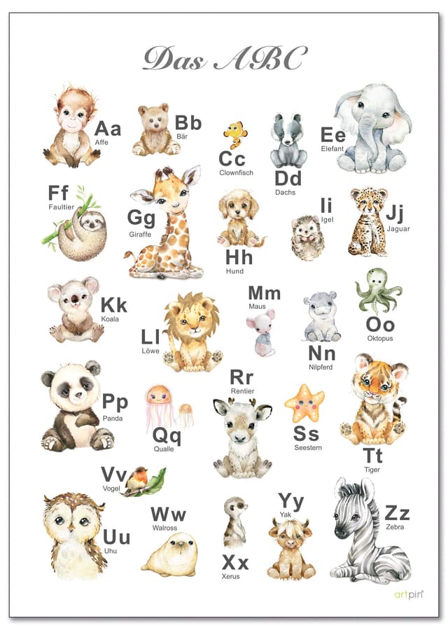 artpin® XL ABC Poster der Tiere für Kinder - A2 Lernposter Grundschule