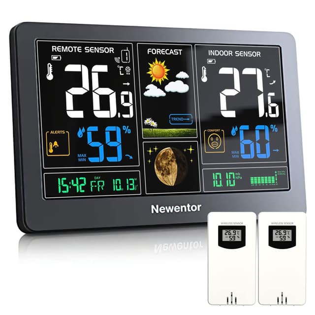 🌡️🌙 Newentor Wetterstation Funk mit 2 Außensensoren - Schwarz 1*Station + 2*Außensensor