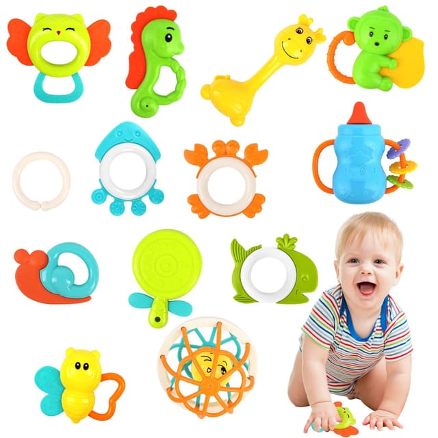 🔔 OFFCUP 13Pcs Baby Rassel Beißring Greifling Set Spielzeug ab 3 Monate 🎁