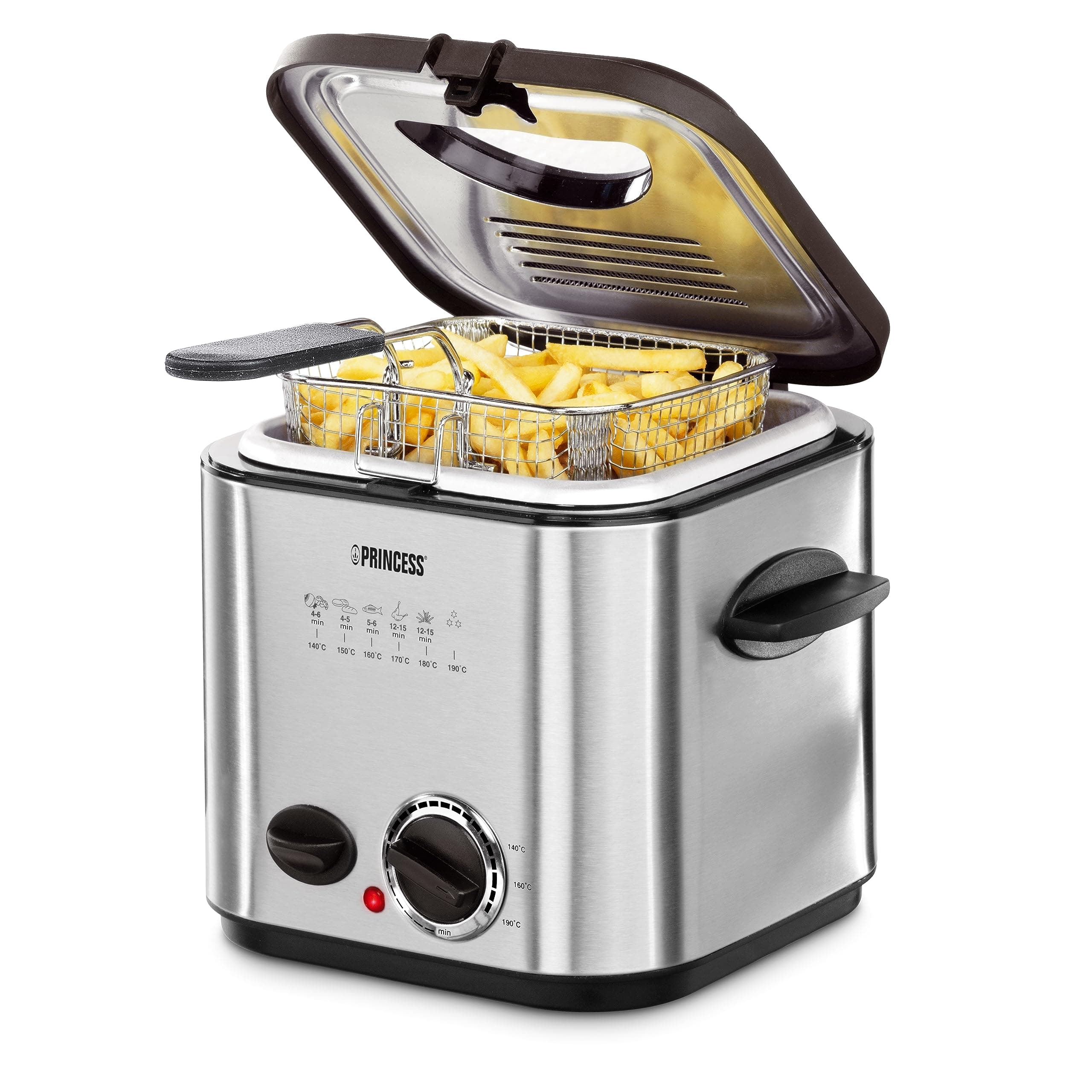 👑🍟🧀 Princess 182611 Mini-Fritteuse mit Fondue 🍫🥘 - Schnelle Erwärmung - Geruchsfilter - 1,2 Liter Inhalt, Silber