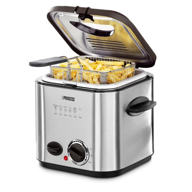 👑🍟🧀 Princess 182611 Mini-Fritteuse mit Fondue 🍫🥘 - Schnelle Erwärmung - Geruchsfilter - 1,2 Liter Inhalt, Silber