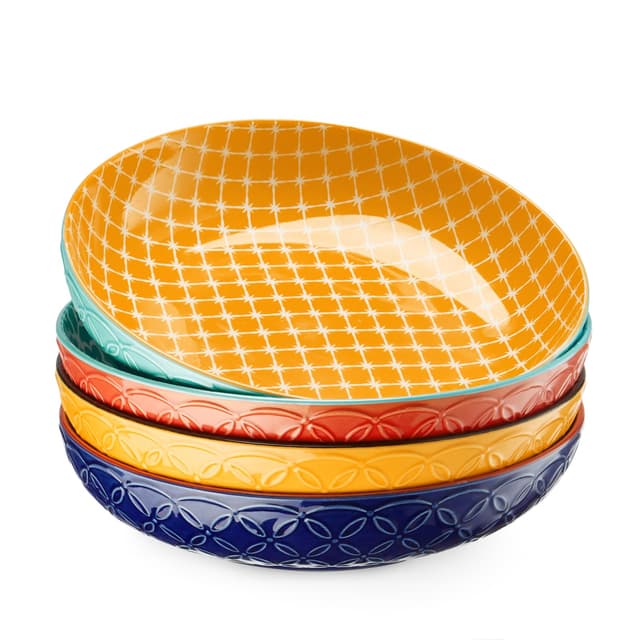 DOWAN Pastateller Groß Tief 4er Set, Ø 21,5 cm Porzellan Suppenteller Tief, Pastaschale Rund, Klassische Nudelteller, Bowl Teller Keramik für Pasta, Nudeln, Suppe, Salat - Lebendige Farben Ø 8.5' | 21.5 cm