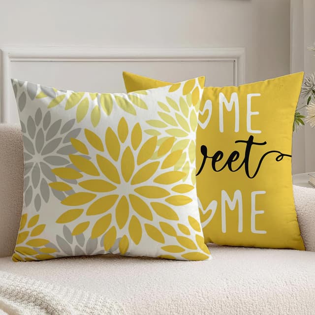 Vorysum 2er Set Kissenbezüge 45x45 cm 🌼 Gelb Dahlien Outdoor Kissen 🌻 Modern Kissenbezug 🌿 Dekorative Sofakissen Samt Optik