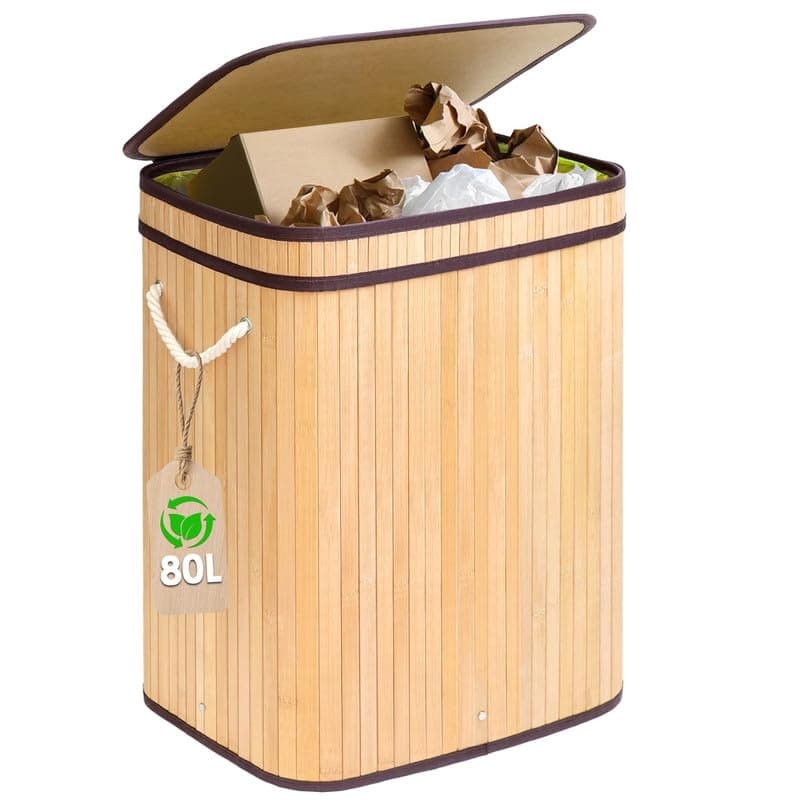 LZRBUBO 80L Gelber Sack Ständer aus Bambus 🎋 | Müllsackständer mit Deckel