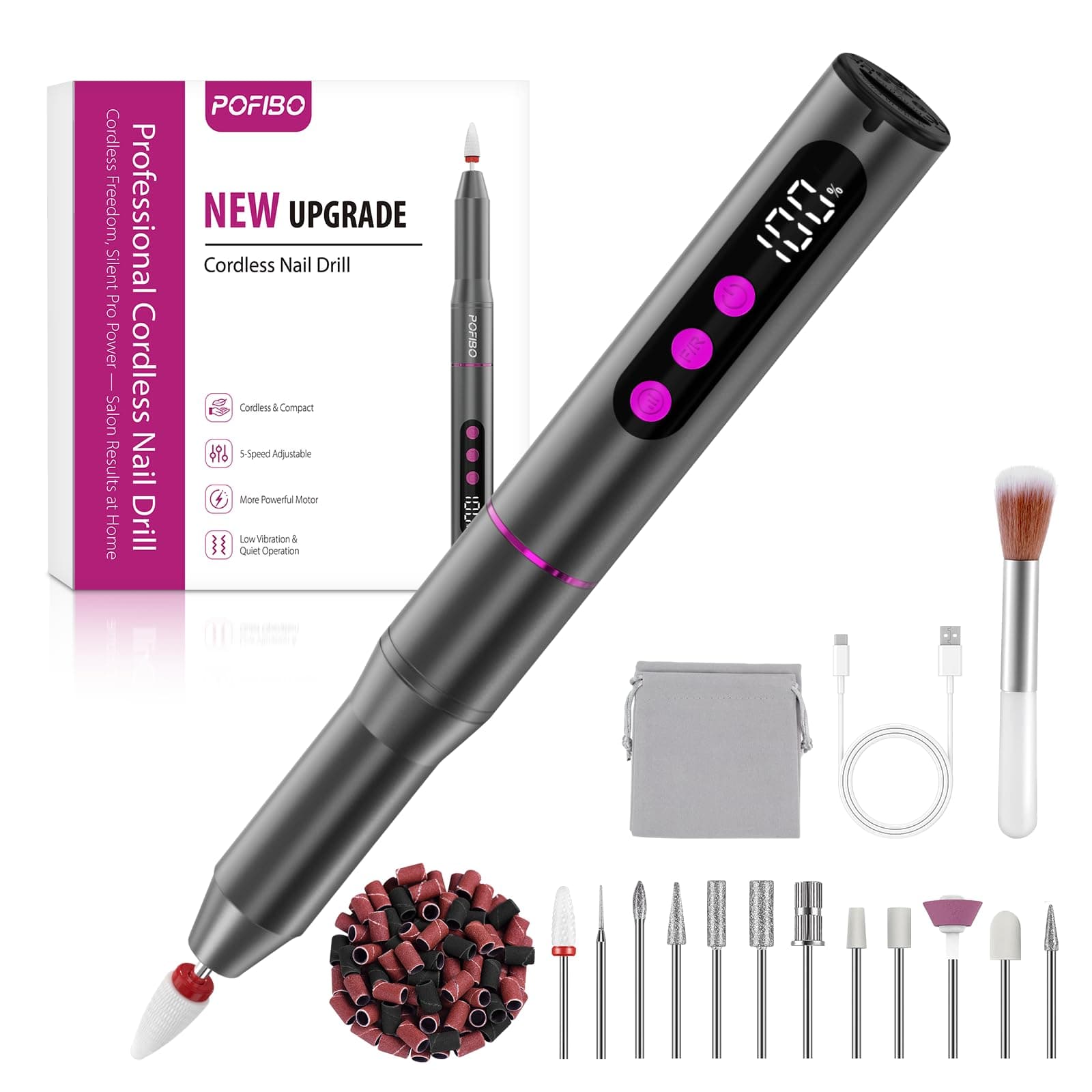 POFIBO Nagelfräser Kabellose Elektrische Nagelfeile - 35000 U/Min Nagelfräser für Gelnägel, 12 IN 1 Professionell Fräser für Nägel & Acrylnägel, Maniküre Pediküre Set mit 5 Geschwindigkeiten Grau