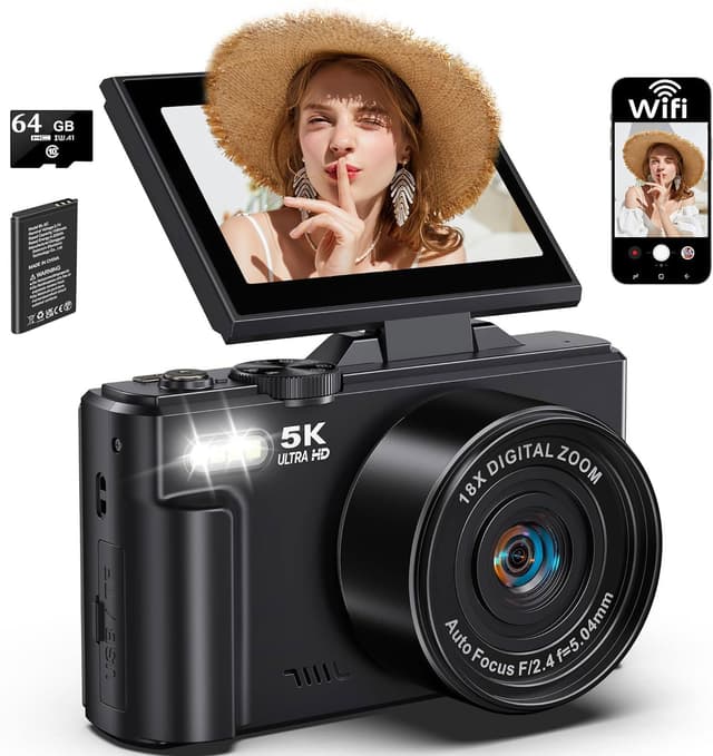 LONGYI Digitalkamera 5K 75MP Kamera Fotokamera und Vlogging mit WiFi, 64GB Karte, 18X Zoom, 3,0 LCD 180° Kompaktkamera Fotoapparat für Reisen, YouTube, Anfänger und Erwachsene (Schwarz) - Angebot