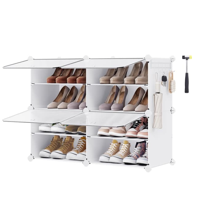 SONGMICS Schuhregal mit 4 Fächern, für bis zu 16 Paar Schuhe, wolkenweiß-transparent LPC032W01