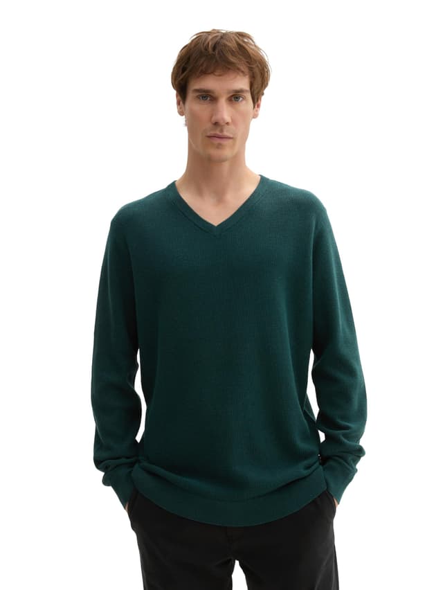 👕 TOM TAILOR Herren Basic Strickpullover mit V-Ausschnitt L 36296 - Dark Tree Green Melange | Angebot!