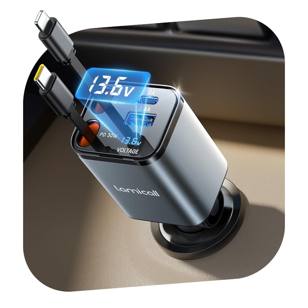 🚗💨 Lamicall 4 IN 1 Zigarettenanzünder USB C Auto Ladegerät - [50% Kleiner] [Spannung-Anzeige] 69W USB Adapter Auto Schnellladegerät