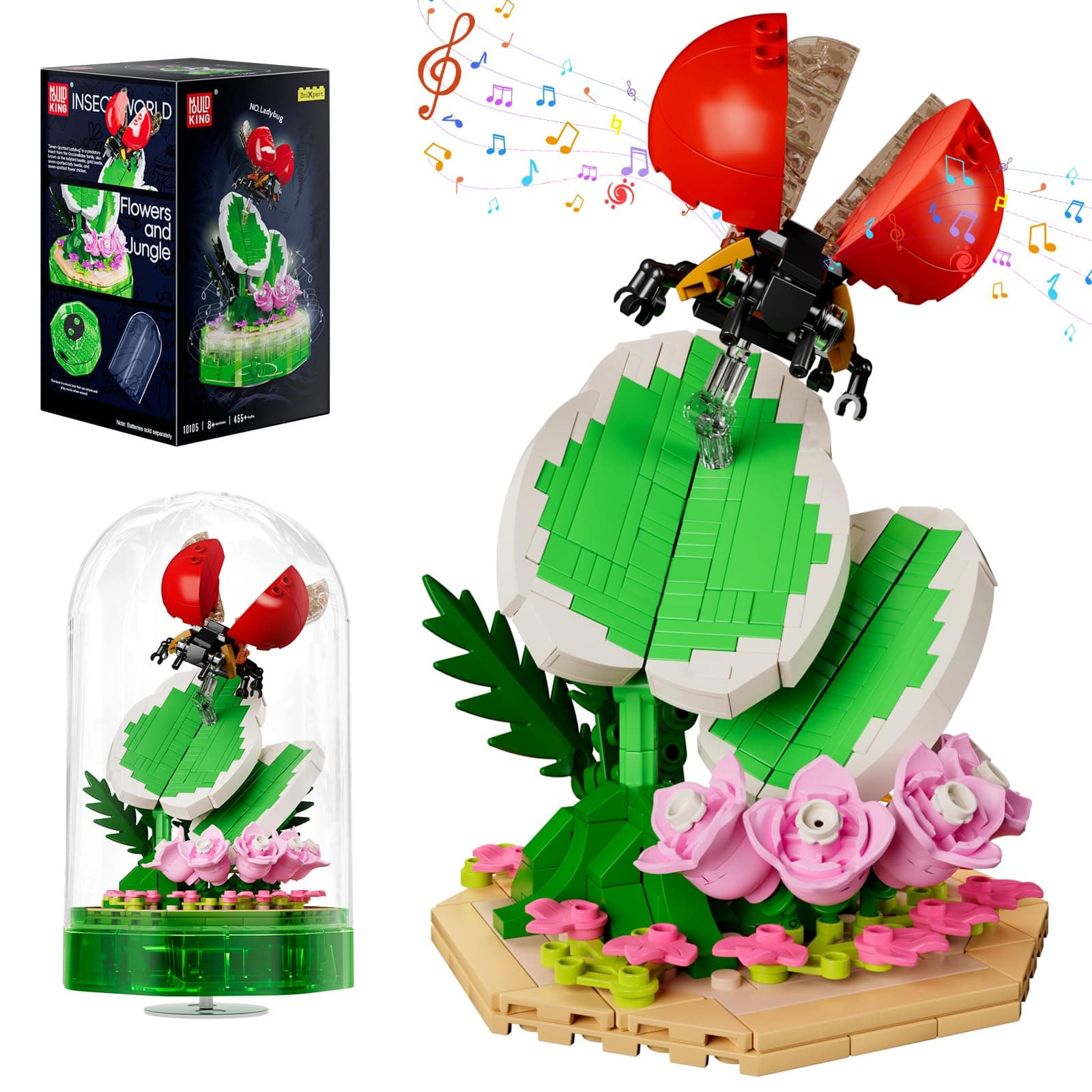 Mould King 10105 Blumen Insekten Klemmbausteine Marienkäfer Insekt Bausteine Spieluhr Reptilienlandschaft mit LED und Acryl Vitrine Insekten Sammlung