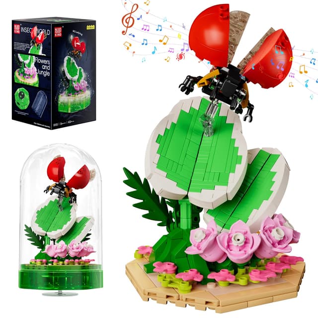 Mould King 10105 Blumen Insekten Klemmbausteine Marienkäfer Insekt Bausteine Spieluhr Reptilienlandschaft mit LED und Acryl Vitrine Insekten Sammlung