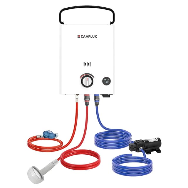 CAMPLUX 5L Gasdurchlauferhitzer mit Wasserpumpe 🚿 - 50mbar, Campingdusche/Wohnmobilausflug