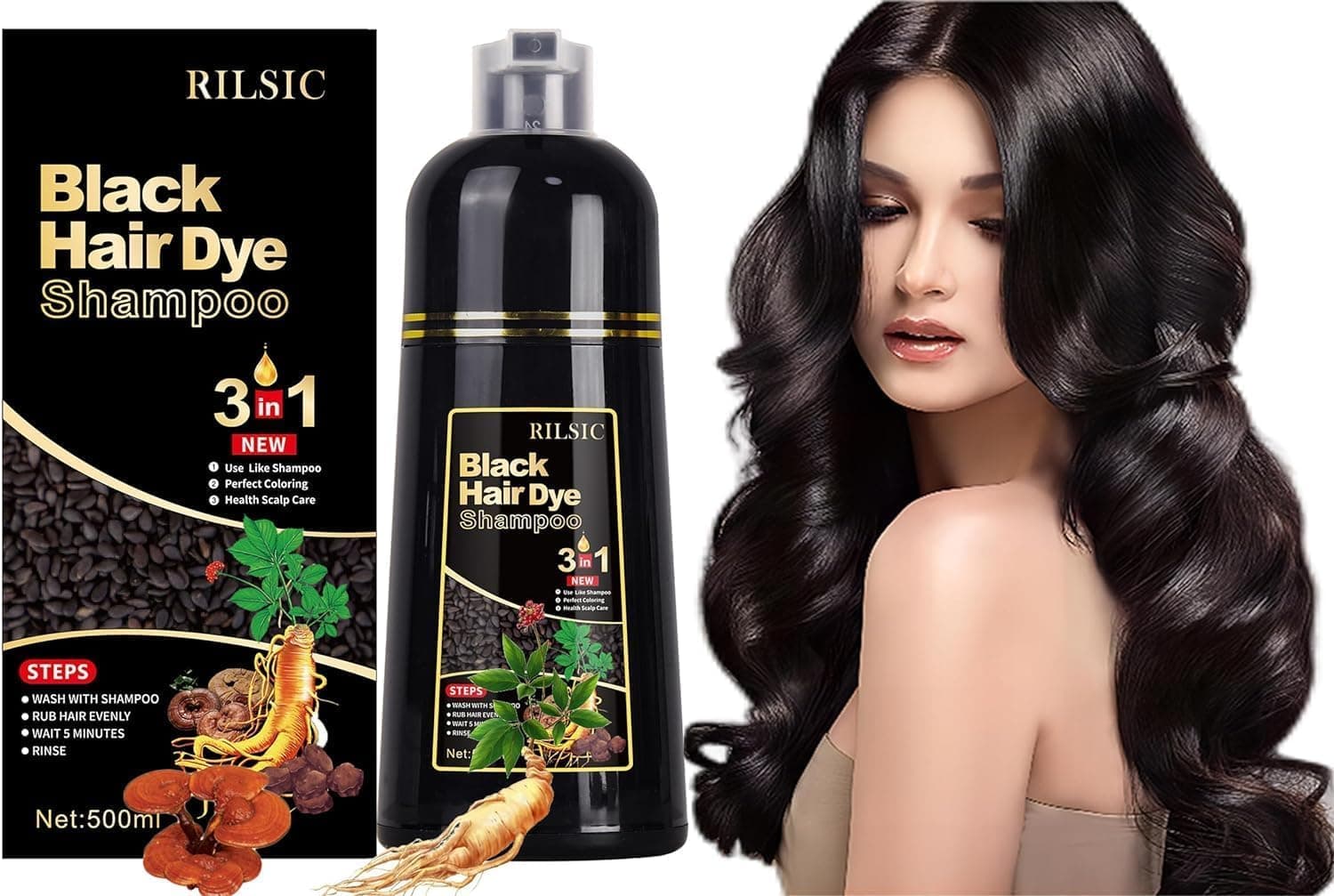 500ML Haarfarbe Schwarz - Natürliches Schwarze Haarfärbeshampoo ⭐️