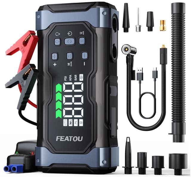 FEATOU Starthilfe Powerbank, 6500A Auto Starthilfe mit 150PSI Kompressor für 12V Fahrzeuge 🚗