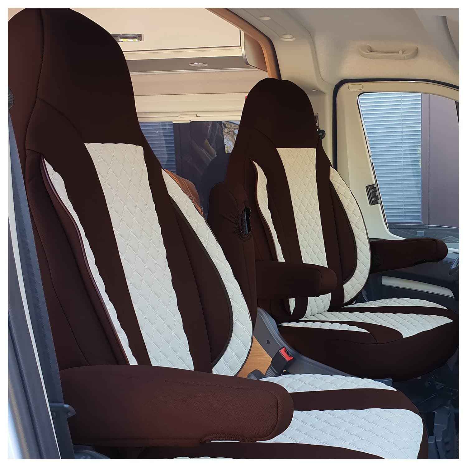 🚐 BREMER SITZBEZÜGE Maß Piloten Schonbezüge Sitzbezüge kompatibel mit Wohnmobil Ducato Weinsberg Adria Dethleffs Zubehör | 2er Schonbezug Set inkl. Armlehnen-Bezüge in Braun/Beige | WPL411 WPL411 Braun/Beige