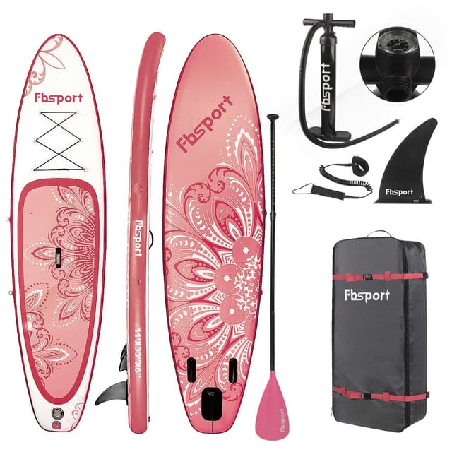 🌊🏄‍♀️ FBSPORT Aufblasbares SUP Board, Stand Up Paddling Board, Aufblasbare Stand Up Paddle Board für Stand-Up Paddling 15CM Dick, Surfbrett Kit mit Verstellbares Aluminium SUP Paddel+Pumpe Flower Pink