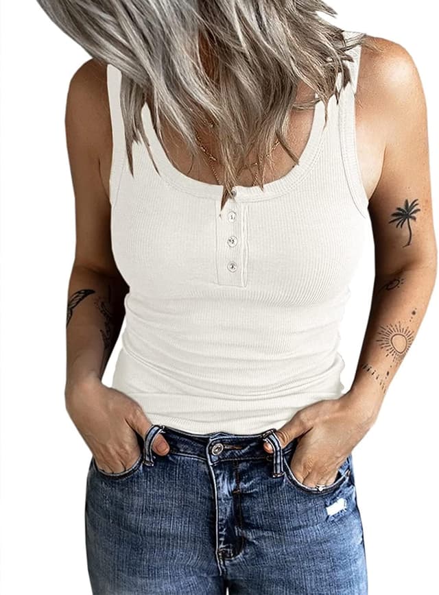Fessceruna Damen Tops Sexy U-Ausschnitt Tank top Ärmellos Sommer Oberteile Gerippt Camisole mit Knöpfen M Weiß 😍👚🌞