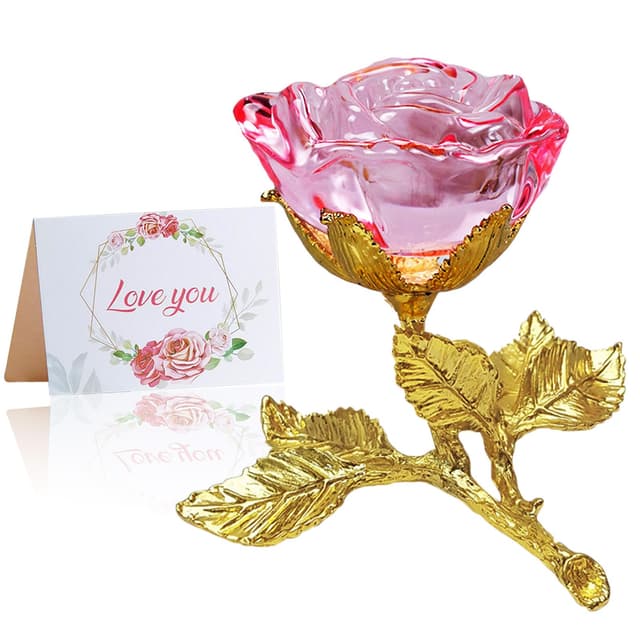 🌹 Rosa Kristall Rose Figur mit Golden Stiel | 3D Glasrose Geschenk für Sie