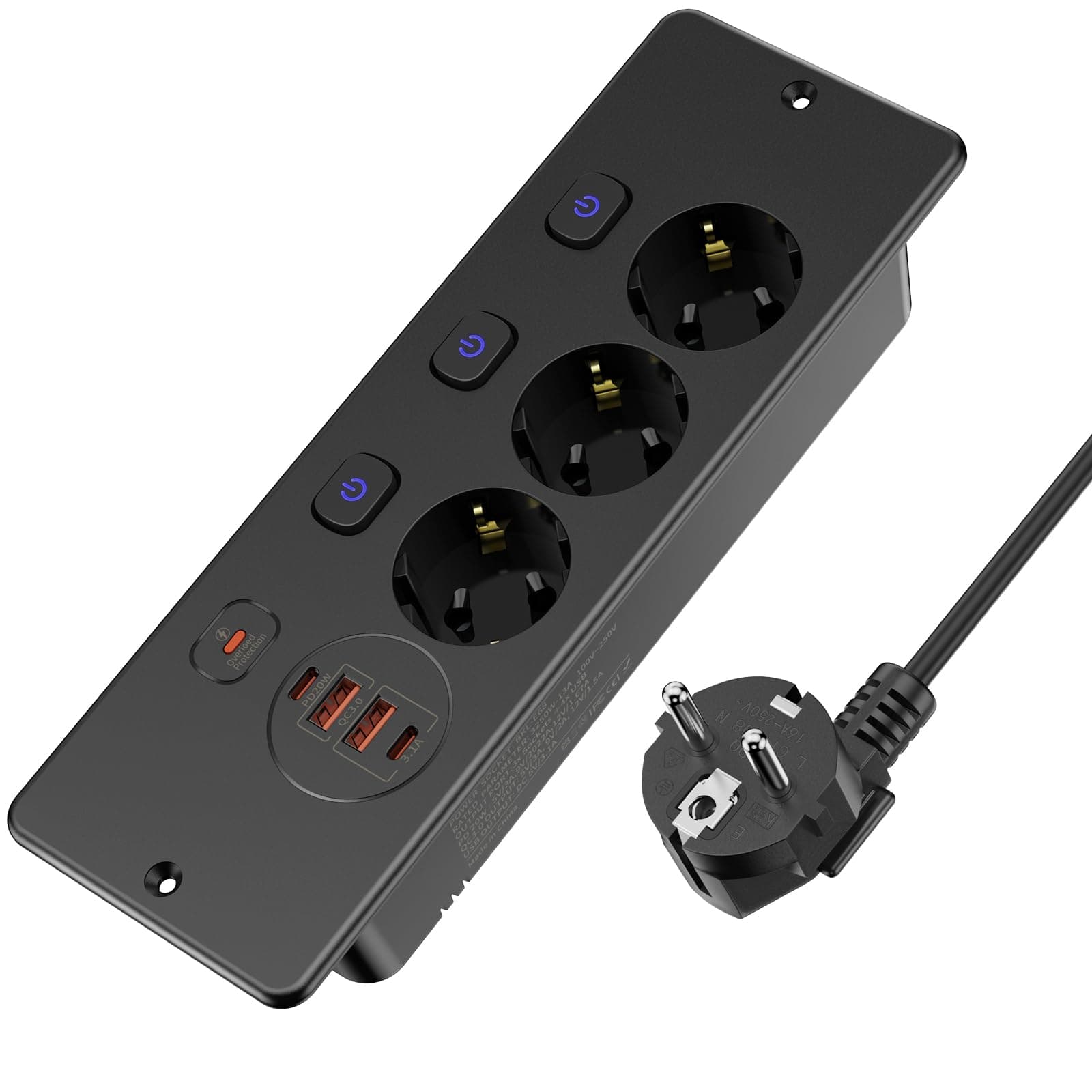 Versenkbare Steckdose 3 Fach Schwarz 🌟 Einbau mit USB 📱 Tischplatte Mehrfachsteckdose