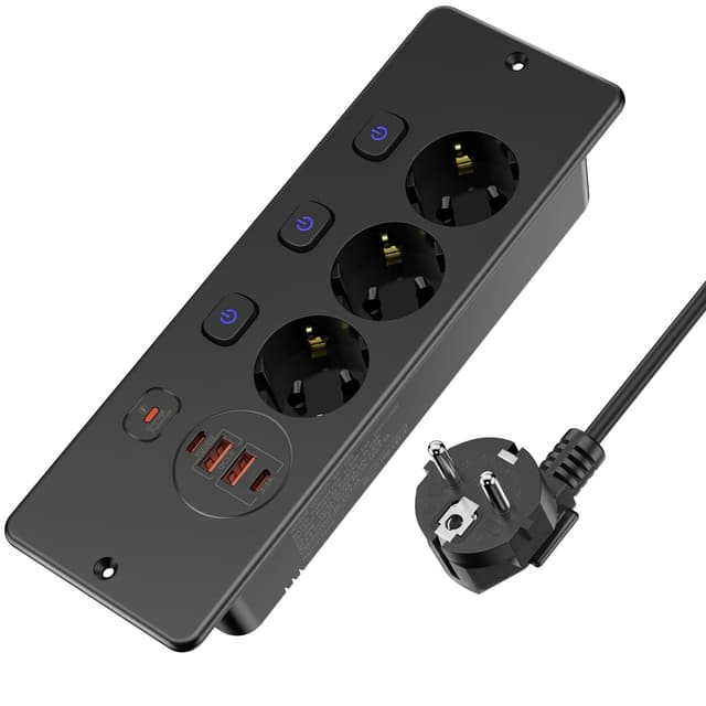 Versenkbare Steckdose 3 Fach Schwarz 🌟 Einbau mit USB 📱 Tischplatte Mehrfachsteckdose