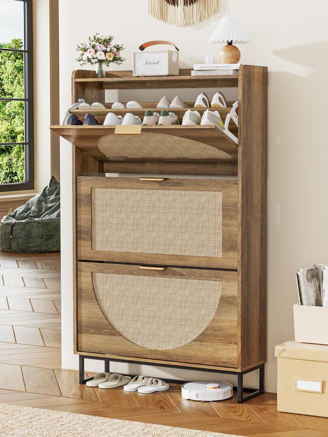 👠🌿 FiveWillowise Rattan Schuhschrank mit 3 Klappen, 80x24x135,4 cm - Eingang, Flur, Foyer