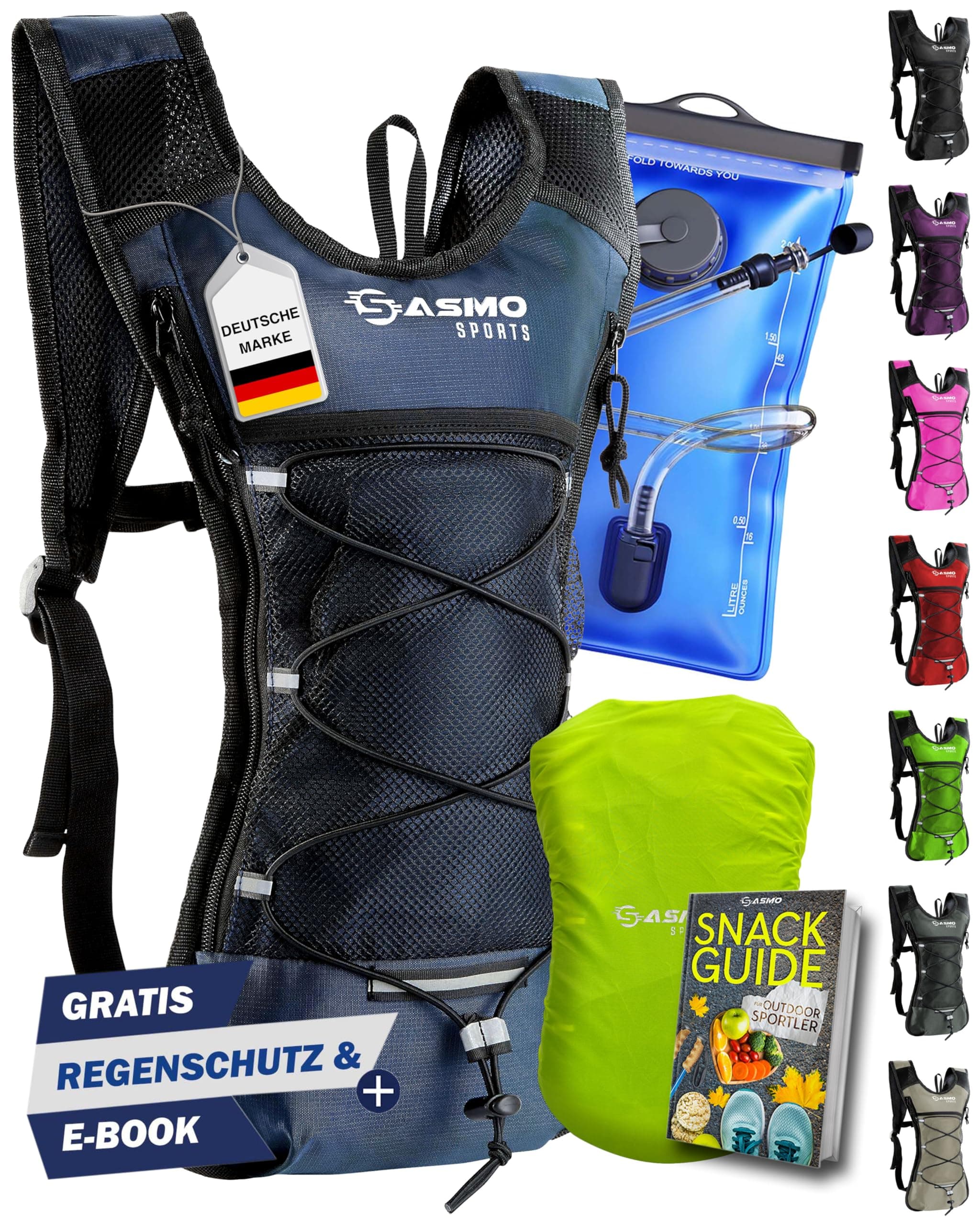 SASMO® Trinkrucksack (Blau) mit Thermofach | Ultraleicht 300g & 6L | Laufrucksack mit Trinkblase 2l