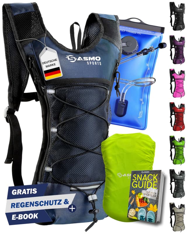 SASMO® Trinkrucksack (Blau) mit Thermofach | Ultraleicht 300g & 6L | Laufrucksack mit Trinkblase 2l