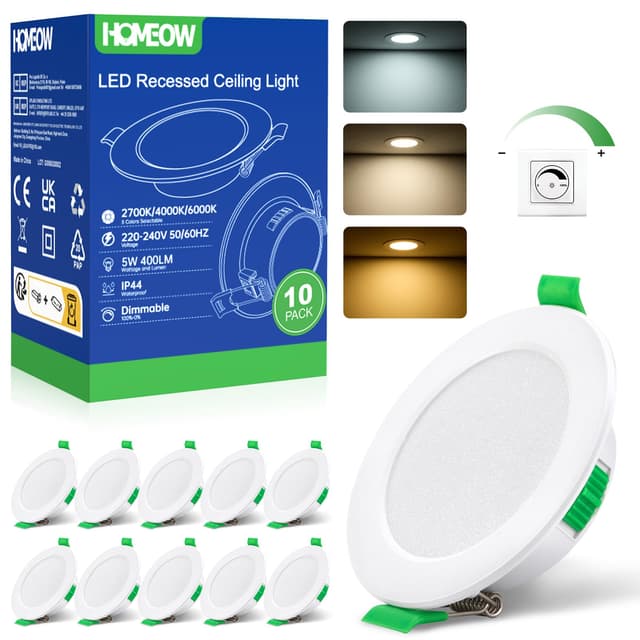 HOMEOW LED Einbaustrahler 230V Dimmbar 10er Set 🌟 3 Farbtemperaturen 🎨 Sanftes Dimmen 💡 IP44 Wasserdicht 💧 Ultradünn 24mm 🌈