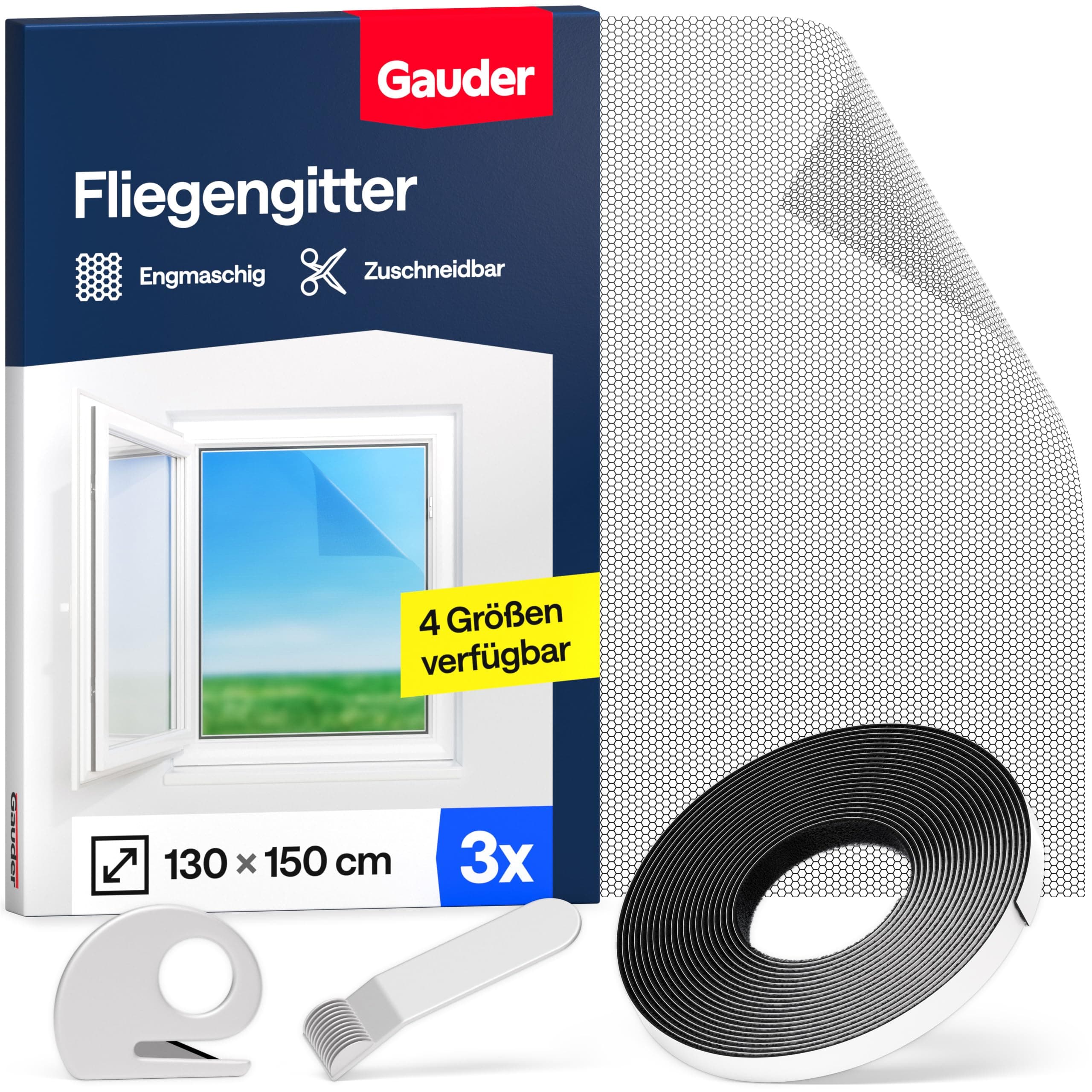 🪰🌼 GAUDER Fliegengitter für Fenster - Insektenschutz ohne Bohren - Fliegengitter mit Klettband - 3 Stück (130 x 150 cm, schwarz)