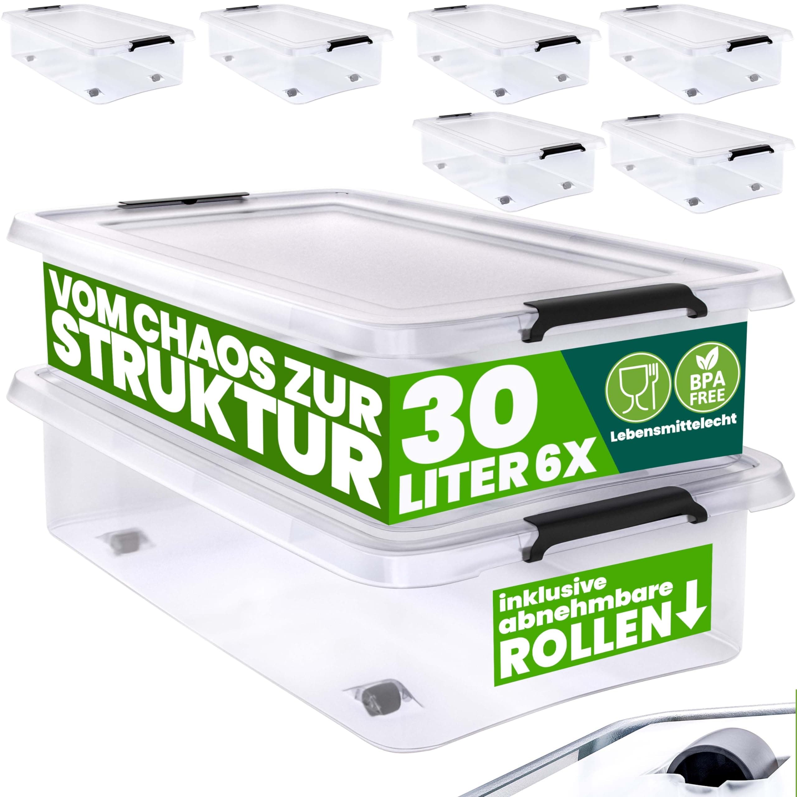 Deuba® Aufbewahrungsboxen 6 x 30l mit Deckel und Rollen, stapelbar, transparent Kunststoff BPA-frei RB60