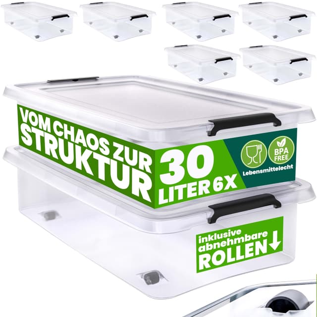 Deuba® Aufbewahrungsboxen 6 x 30l mit Deckel und Rollen, stapelbar, transparent Kunststoff BPA-frei RB60