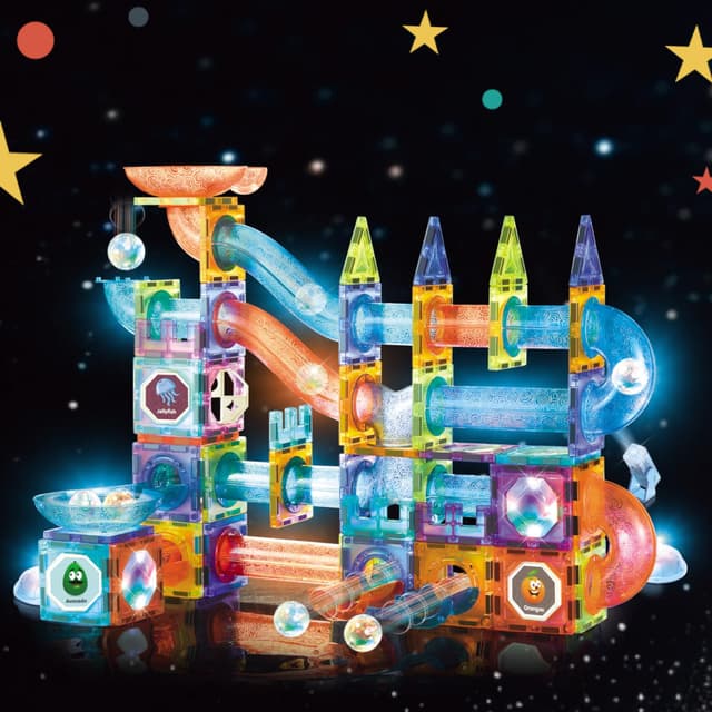 🧲 Magnetische Bausteine 144 Teile mit LED-Beleuchtung und Magnetkugelbahn