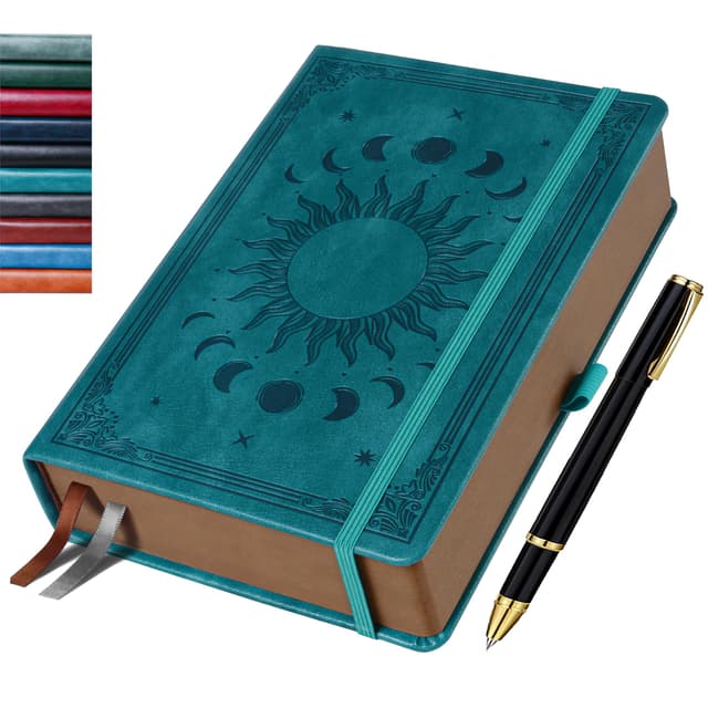 HwxBen Notizbuch (14.5 x 21 cm) Liniert 📔🌞🌜 - Tagebuch mit 360 Seiten, PU Leder Hardcover im Vintage Sonne & Mond Design