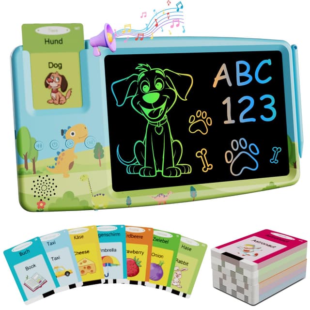 🎁 Lernspielzeug für Kinder: Englisch Deutsch Sprechende Lernkarten mit LCD Zeichentafel