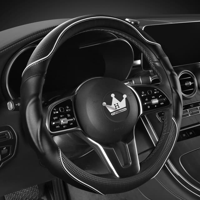 HighnessHwoo 3D Auto Lenkradabdeckung | Komfortgriff | Massage | Anti-Rutsch | Karbonfaser Kunstleder | Universelle Passform | Weiß Schwarz+Weiß Größere Grössen