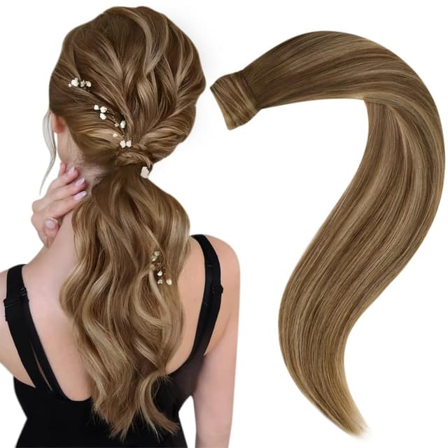 Easyouth Zopf Extension Echthaar Pferdeschwanz Extensions Echthaar Ombre Mittelbraun Mix Honigblond und Mittelbraun Balayage Clip in Zopf Extensions Echthaar