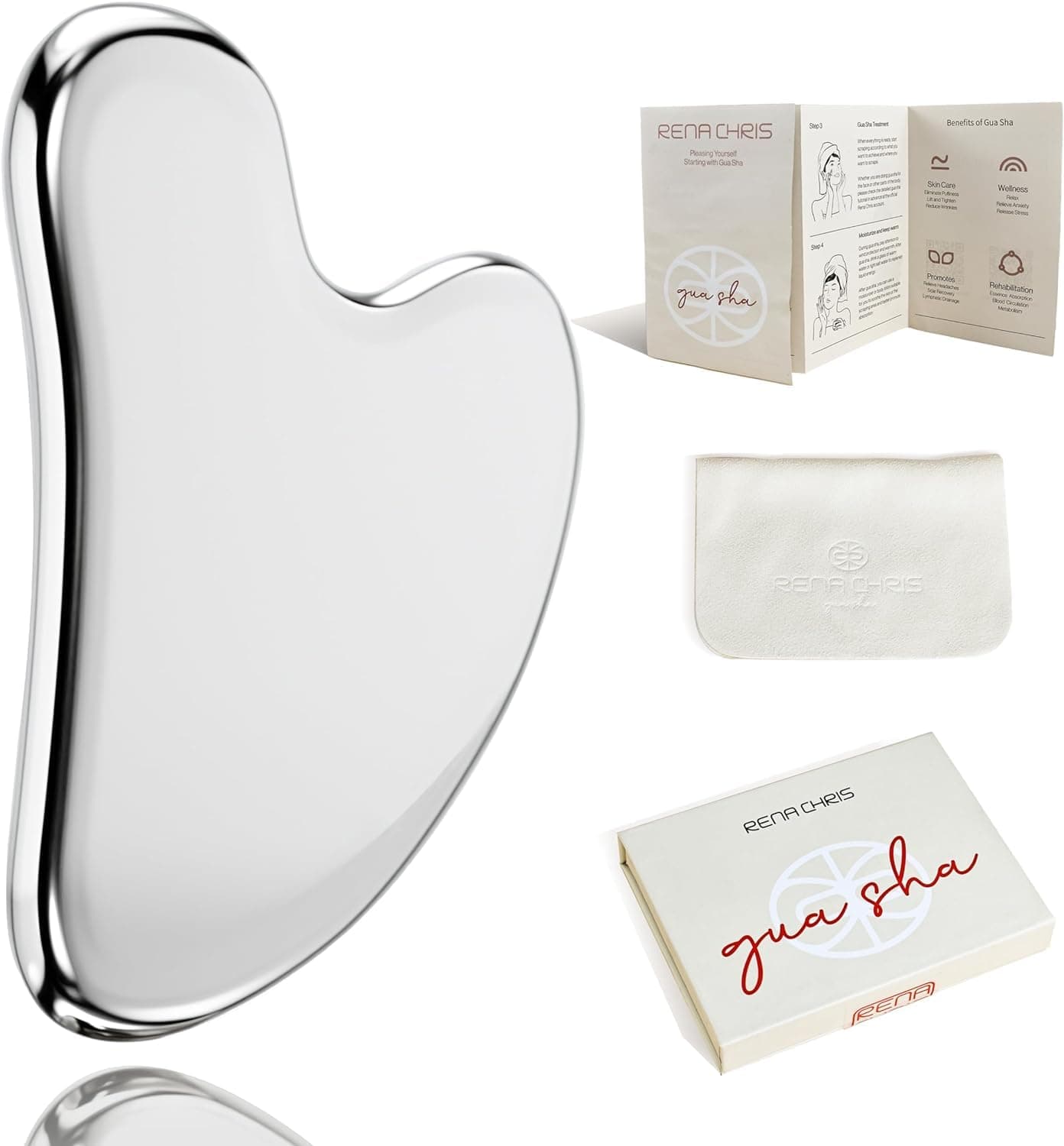 🌟 Rena Chris Edelstahl Gua Sha Stein 🌿 Guasha Stein für Kieferlinien-Straffung und Reduzierung von Gesichtsschwellungen 🌸 Hautpflege-Geschenk – Silber