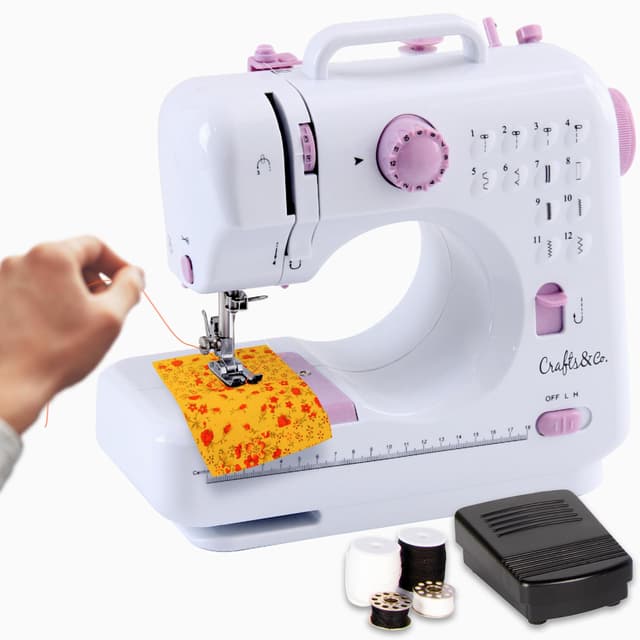 Crafts&Co® Nähmaschine für Anfänger mit LED-Licht und Fußpedal | 12 Stiche | Singer | Pfaff | Weiß-Lila 🧵🪡