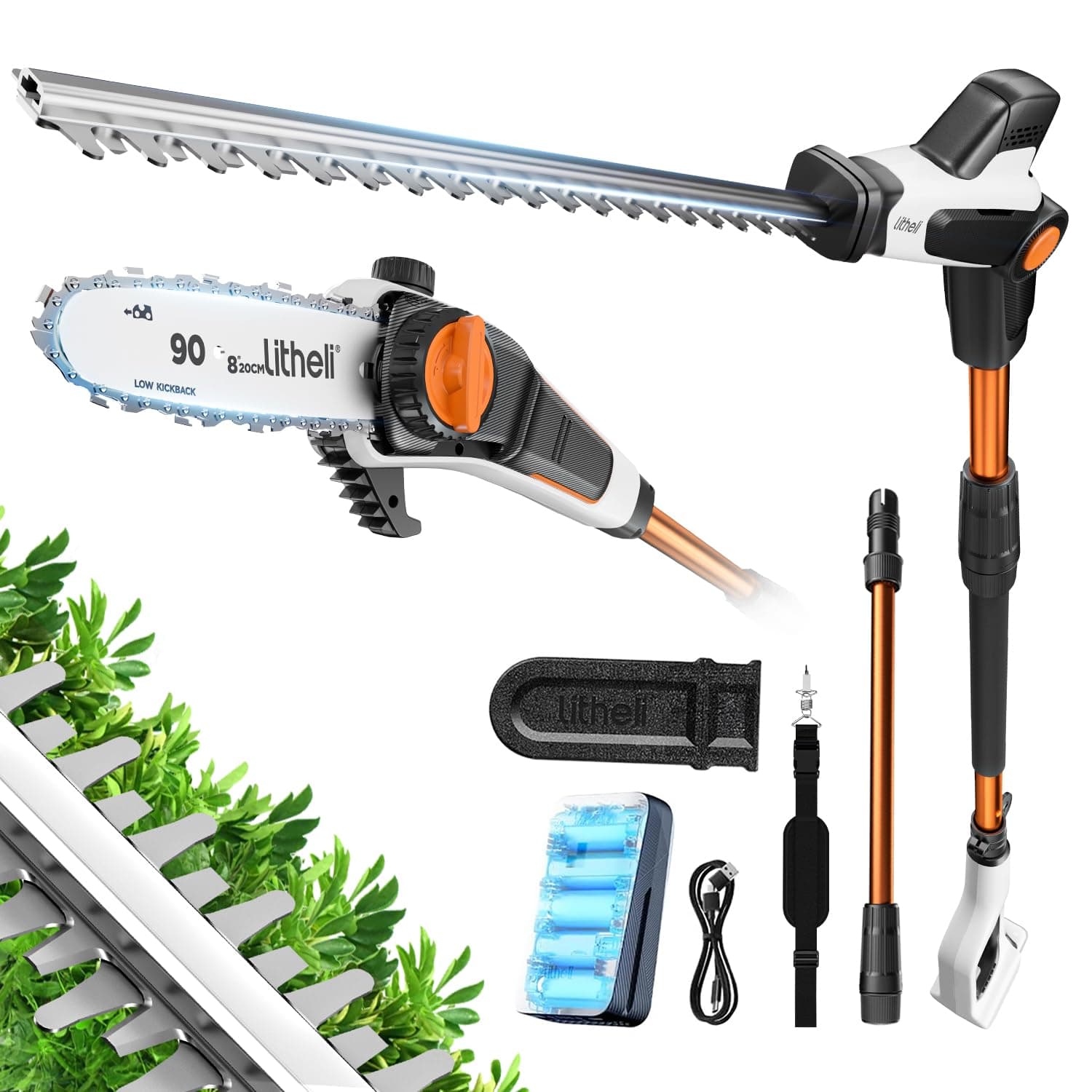 Litheli 20V 2-in-1 Akku Teleskop Heckenschere & Hochentaster - 47 cm Stabheckenschere