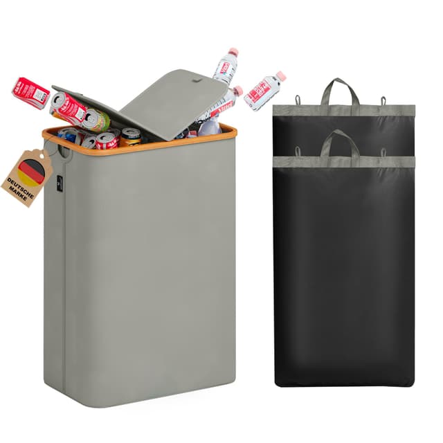 🌟 AdelDream 140L Pfandflaschen Sammelbehälter 2 Fächer mit Deckel Groß Flaschensammler mit Loch Küche Abstellraum Flaschentasche Dunkelgrau-06-5