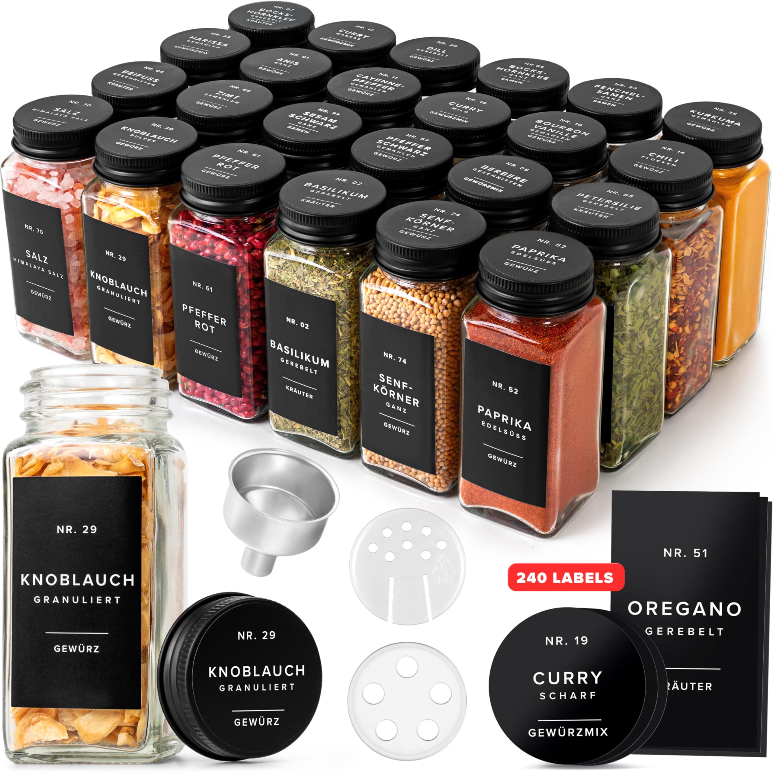 🌶️🔲 EDELHAUS® Gewürzgläser Set - 24 Stk mit Zubehör - Organisieren Sie Ihre Gewürze stilvoll! 🔲🌶️