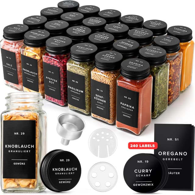🌶️🔲 EDELHAUS® Gewürzgläser Set - 24 Stk mit Zubehör - Organisieren Sie Ihre Gewürze stilvoll! 🔲🌶️