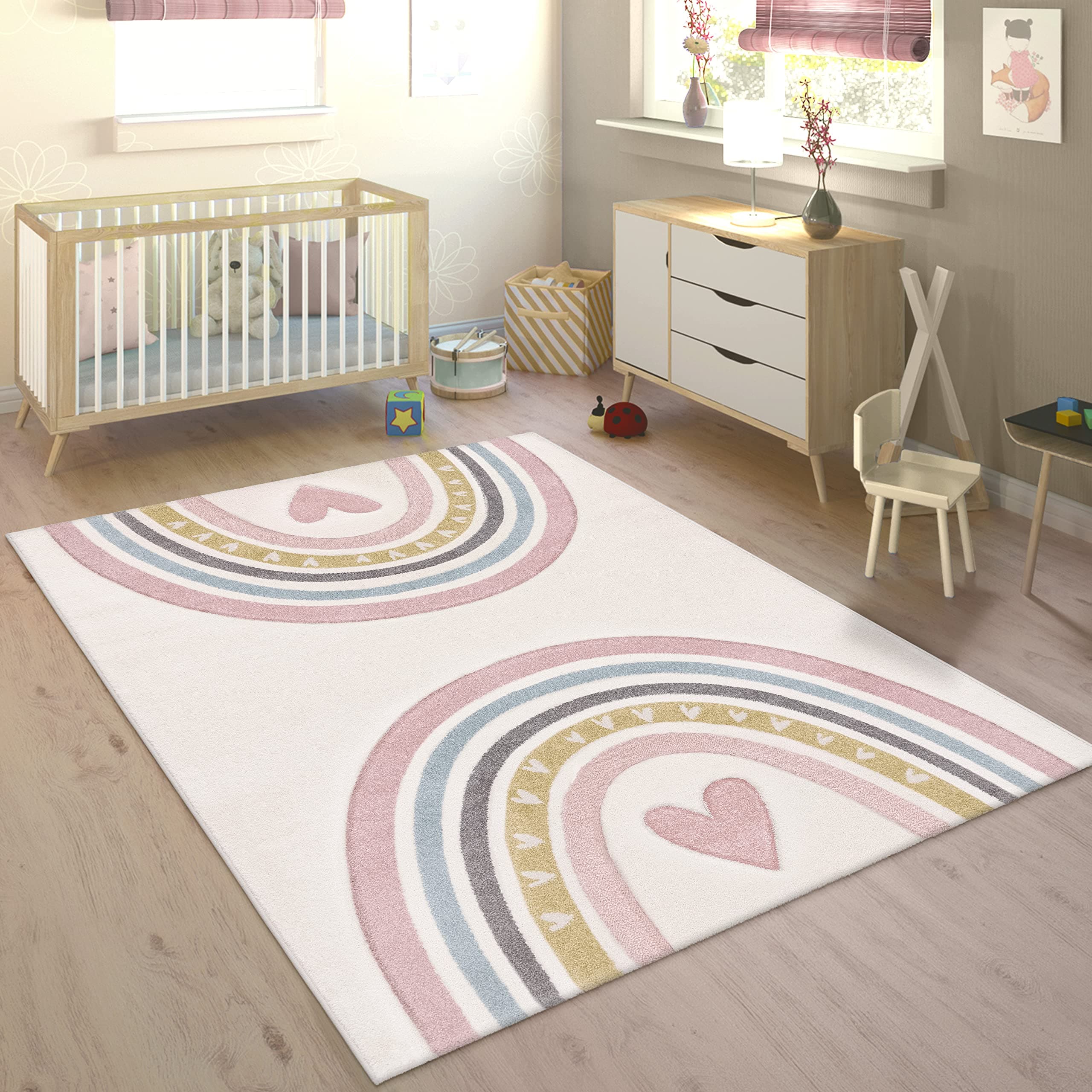 🌈🧸 Moderner Teppich für Kinderzimmer mit 3D Effekt und Regenbogen Herz Design