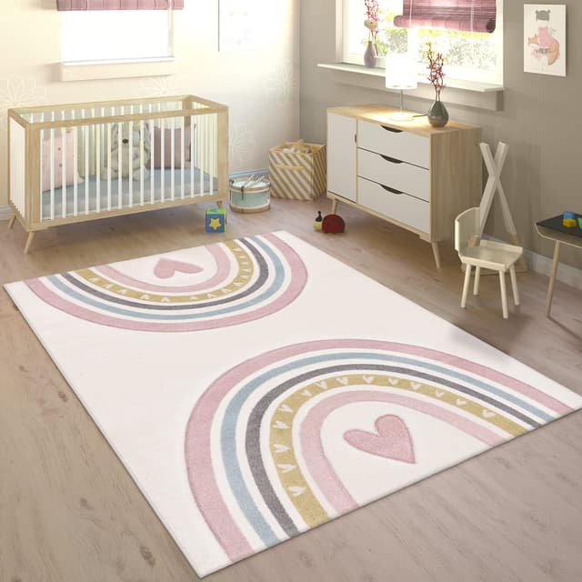 🌈🧸 Moderner Teppich für Kinderzimmer mit 3D Effekt und Regenbogen Herz Design