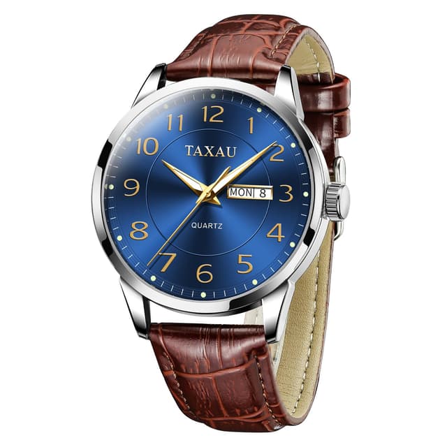 Herren Armbanduhr Lederarmband Uhr 🕒 Wasserdicht - Deal 8405-braunes Leder und Blau