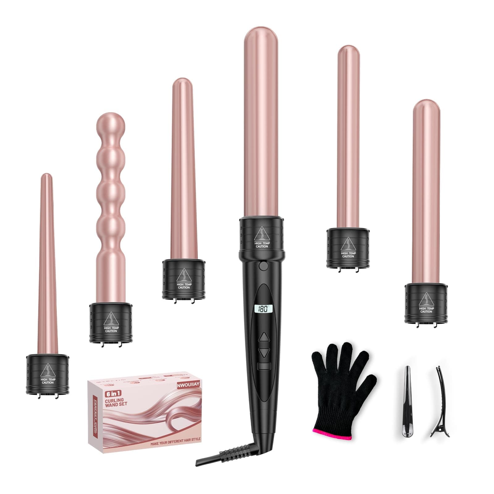 Lockenstab NWOUIIAY 6 in 1 LCD Lockenstab Set mit Keramischer Beschichtung Multifunktionales Austauschbares Zubehör für Große Kleine Locken mit Handschuhen Temperatur Einstellbar Dunkelrosa 🌟