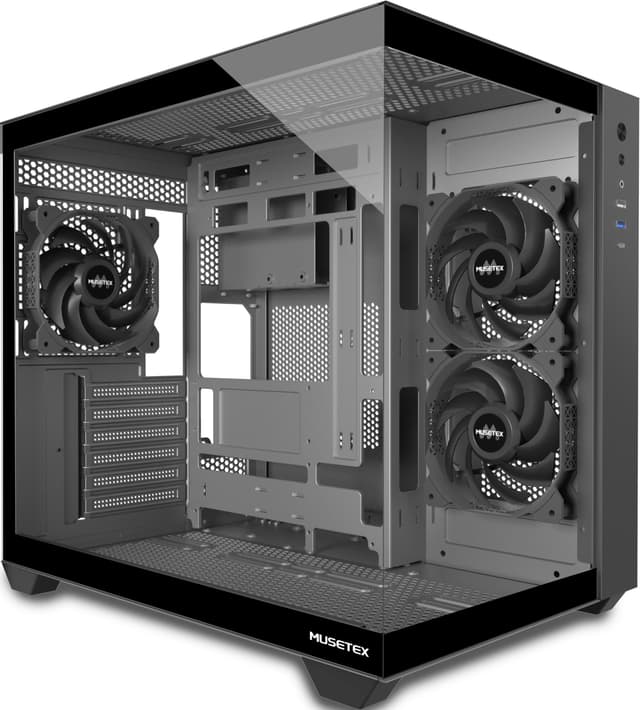 🎮 MUSETEX PC Gehäuse ATX Y6 | 3 Non-LED Lüfter | 270° Full-View Tempered Glass | Mid Tower ATX | Schwarz