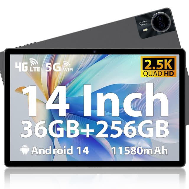 MAXLEGEN 2025 Neueste Android 14 Tablet, 14" 2.5K Touch Display, 36GB RAM+256GB ROM 1TB TF SIM Tablet, 4G LTE+5G WLAN, Octa-Core, 4 Lautsprecher, 13MP, 11580mAh, GMS, GPS, inkl. Pen/Hülle/Kopfhörer Gray