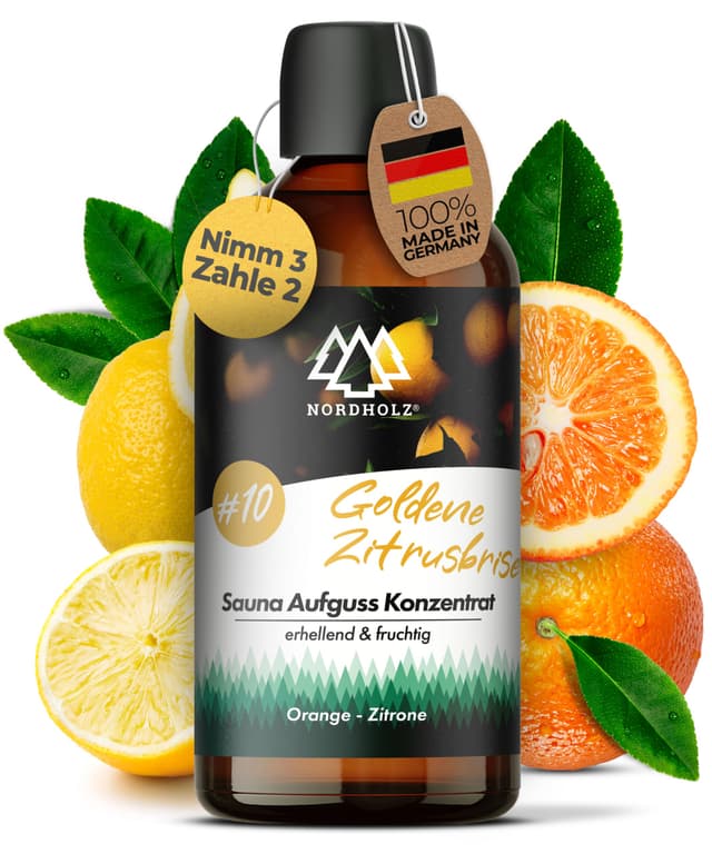 NORDHOLZ® Saunaaufguss - Sauna Aufgussmittel premium Qualität [24 Sorten - 100ml] #10 Goldene Zitrusbrise 🍊😌