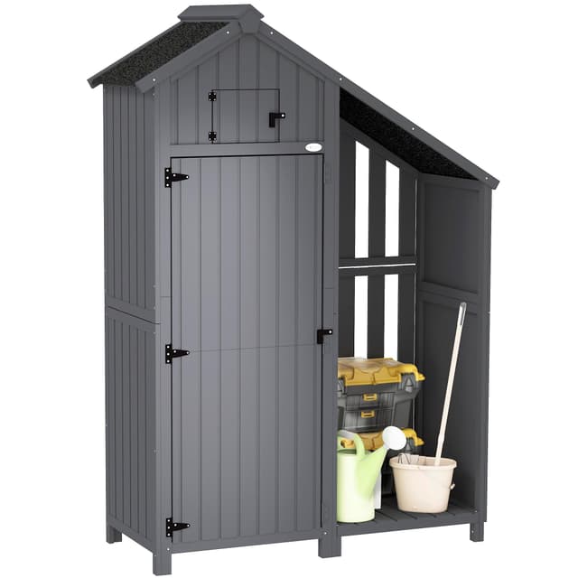 Outsunny Gartenschrank Holz Geräteschrank Gartenhaus mit Giebeldach Holzhütte Geräteschuppen 129 x 51,5 x 180 cm Grau+Schwarz 🌿🏠